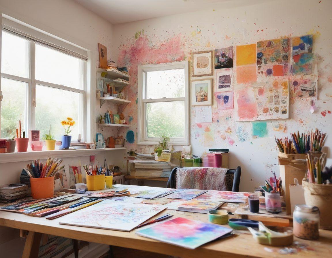 A whimsical workspace filled with colorful art supplies, sketchbooks, and various artistic tools, showcasing a diverse range of creative projects in progress. Incorporate elements like paint splatters, doodles, and inspirational quotes on the walls. The atmosphere is vibrant and inviting, reflecting a joyful spirit of experimentation and creativity. soft-focus effect, bright colors, cozy ambiance.