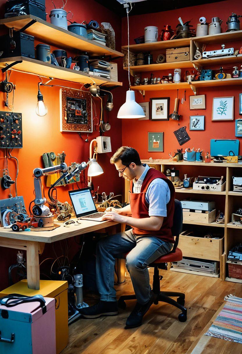 A whimsical workshop filled with diverse tools and gadgets, showcasing a mix of traditional and modern tinkering equipment. Highlight a person with an excited expression, surrounded by half-finished creative projects like a robot and a colorful gadget, invoking curiosity and innovation. Soft warm lighting to create a cozy atmosphere, inviting viewers to embrace their own creative journey. colorful illustration. vibrant colors. warm tones.
