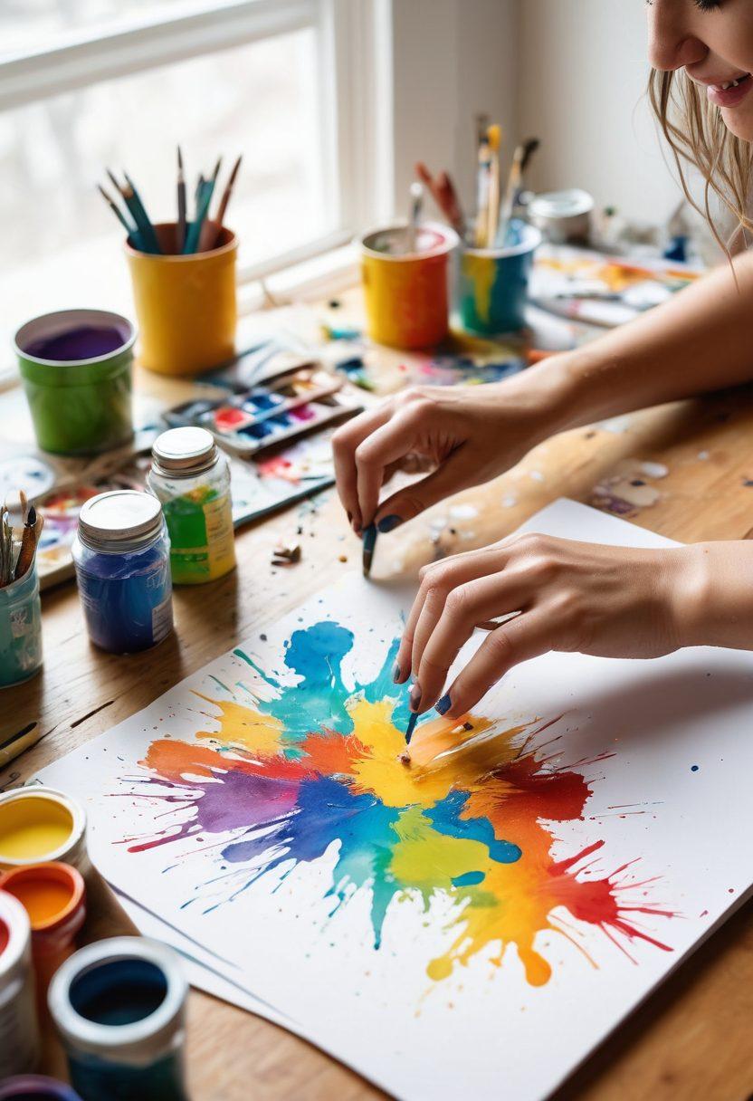 A vibrant workspace filled with colorful art supplies, tools, and unfinished projects to convey creativity and exploration. A person joyfully engaged in a hands-on project, showcasing a bright smile and a splash of paint on their hands. Elements like paint splatters, sketches, and a world map in the background to evoke a sense of adventure and discovery. Bright, inviting colors that inspire creativity. super-realistic. vibrant colors. white background.